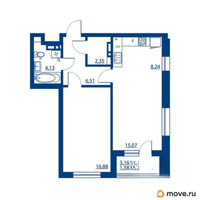 1-комн. квартира, 54.76 м&sup2;