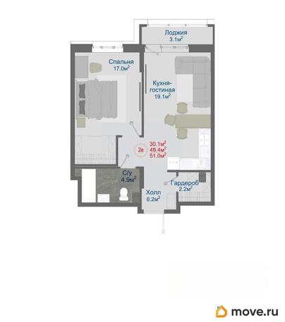 2-комн. квартира, 51 м&sup2;