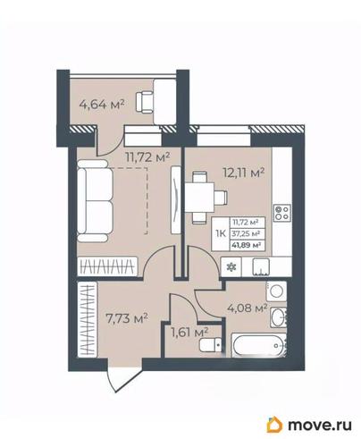 1-комн. квартира, 41.89 м&sup2;