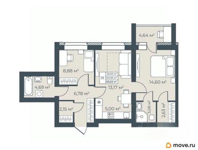 3-комн. квартира, 65.62 м&sup2;
