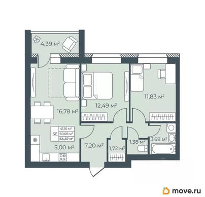 3-комн. квартира, 64.47 м&sup2;