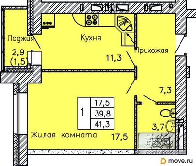 1-комн. квартира, 41.3 м&sup2;