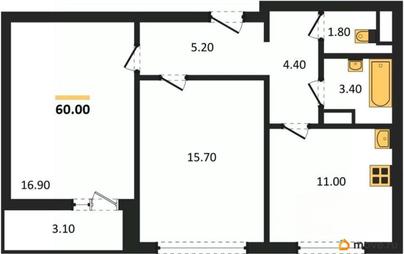 2-комн. квартира, 60 м&sup2;