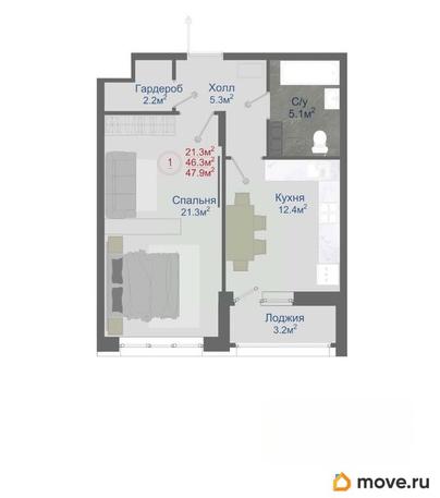 1-комн. квартира, 47.9 м&sup2;