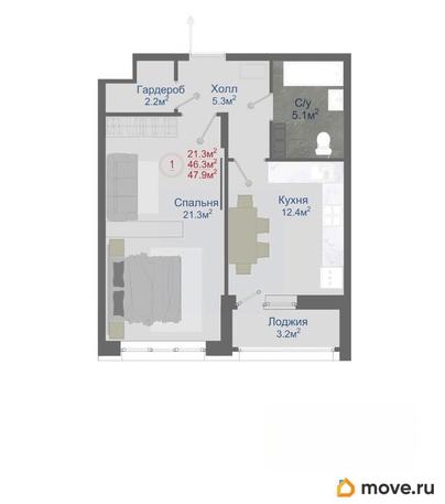 1-комн. квартира, 48.3 м&sup2;