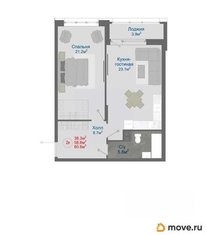 2-комн. квартира, 60.8 м&sup2;