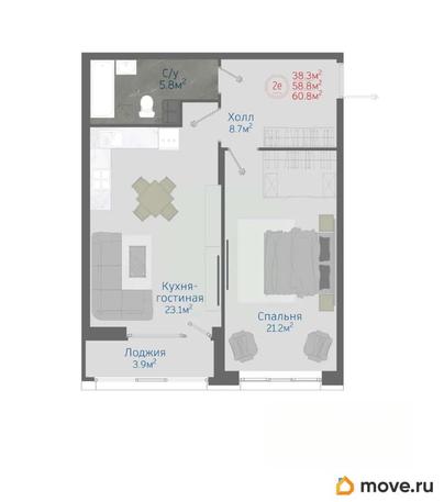 2-комн. квартира, 60.8 м&sup2;