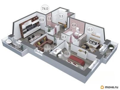 2-комн. квартира, 73.8 м&sup2;