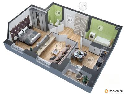 2-комн. квартира, 53.1 м&sup2;