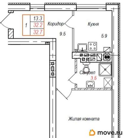 1-комн. квартира, 33.8 м&sup2;