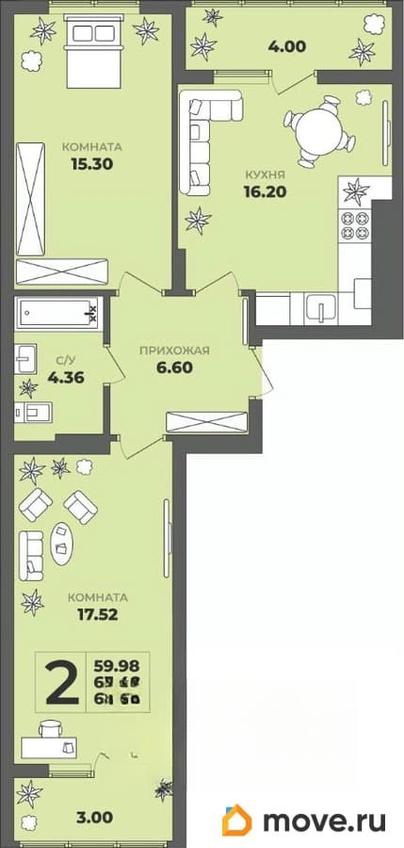 2-комн. квартира, 63.48 м&sup2;