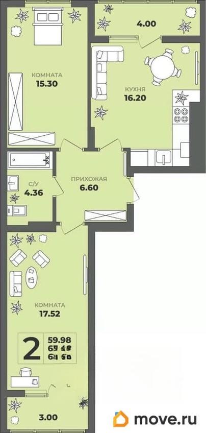 2-комн. квартира, 63.48 м&sup2;
