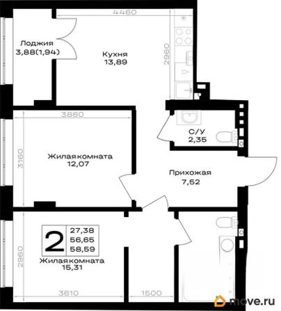 2-комн. квартира, 58.59 м&sup2;