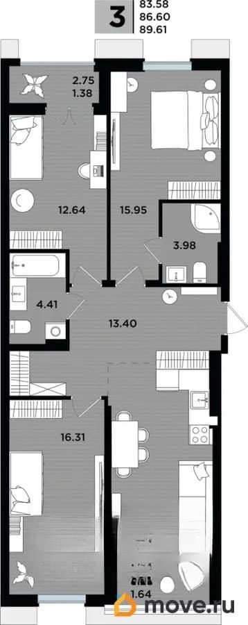 3-комн. квартира, 86.85 м&sup2;