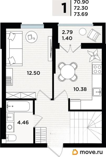 1-комн. квартира, 72.33 м&sup2;