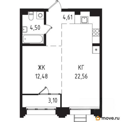 1-комн. квартира, 45.7 м&sup2;