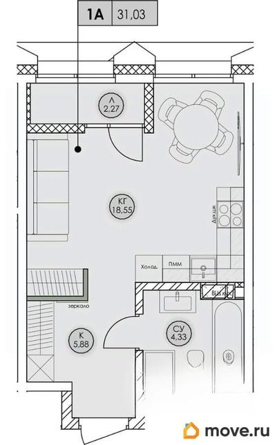 1-комн. квартира, 31.03 м&sup2;