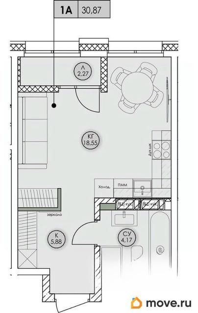 1-комн. квартира, 30.87 м&sup2;