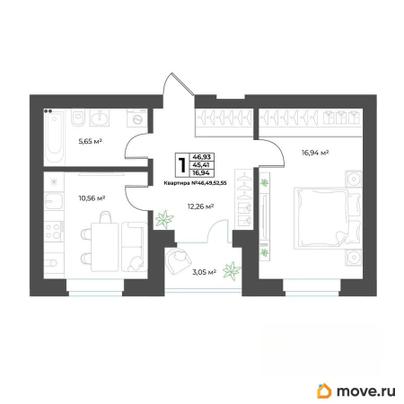 1-комн. квартира, 46.93 м&sup2;