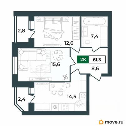 2-комн. квартира, 61.3 м&sup2;