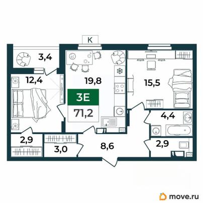 3-комн. квартира, 71.2 м&sup2;