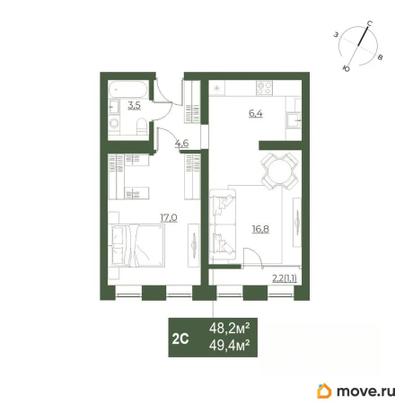 2-комн. квартира, 49.4 м&sup2;