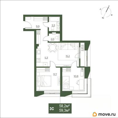 3-комн. квартира, 59.3 м&sup2;