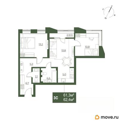 3-комн. квартира, 62.4 м&sup2;