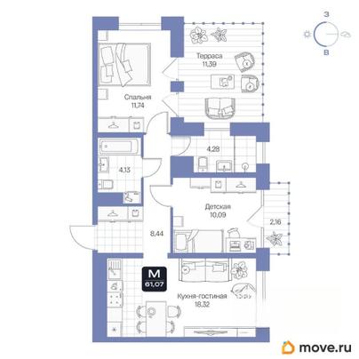 2-комн. квартира, 61.07 м&sup2;