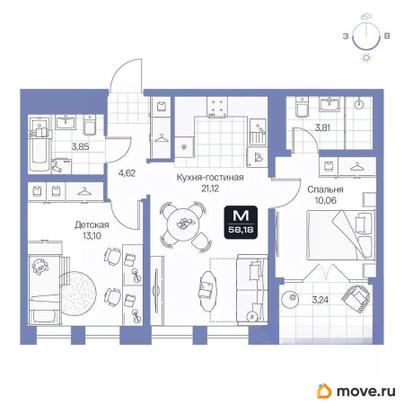 2-комн. квартира, 58.18 м&sup2;