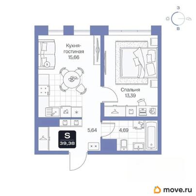 1-комн. квартира, 39.38 м&sup2;