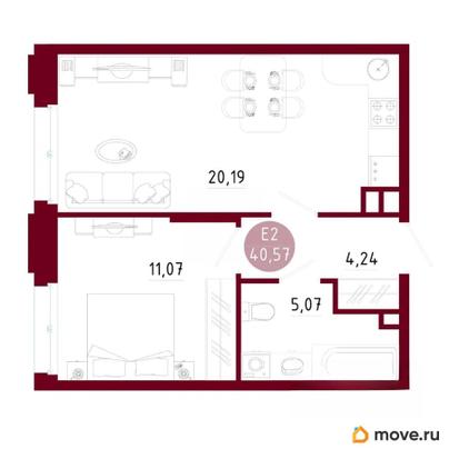 1-комн. квартира, 40.57 м&sup2;