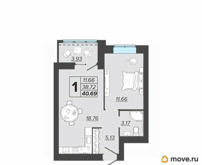 1-комн. квартира, 40.69 м&sup2;