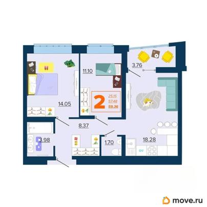 2-комн. квартира, 59.36 м&sup2;