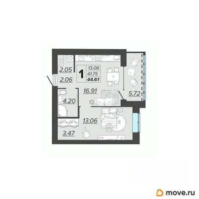 1-комн. квартира, 44.61 м&sup2;
