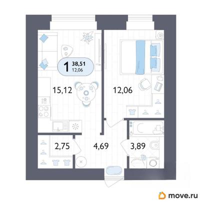 1-комн. квартира, 38.51 м&sup2;