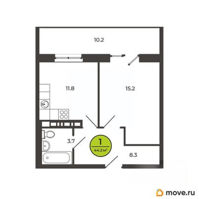 1-комн. квартира, 44.3 м&sup2;