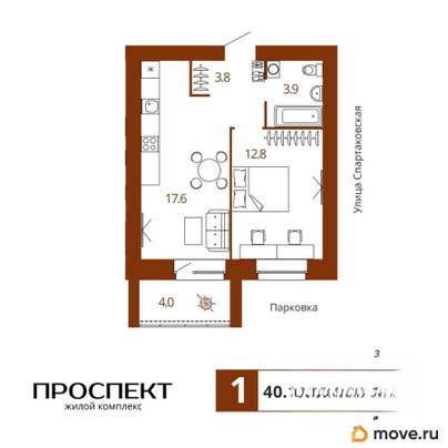 1-комн. квартира, 40.1 м&sup2;