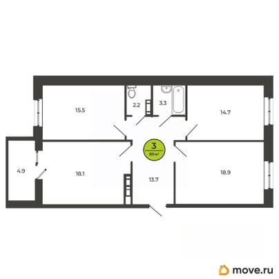 3-комн. квартира, 88.6 м&sup2;
