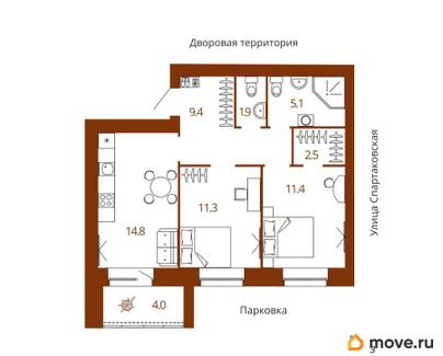2-комн. квартира, 58.4 м&sup2;