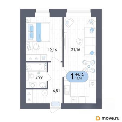 1-комн. квартира, 44.12 м&sup2;