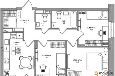 3-комн. квартира, 61.9 м&sup2;