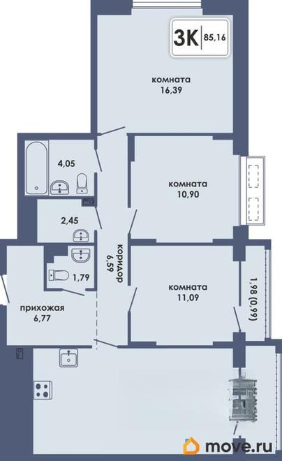 3-комн. квартира, 85.16 м&sup2;