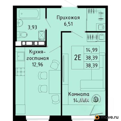 2-комн. квартира, 38.39 м&sup2;