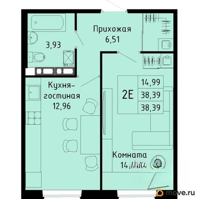 2-комн. квартира, 38.39 м&sup2;