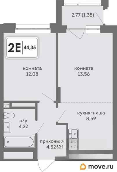 2-комн. квартира, 44.35 м&sup2;