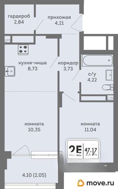 2-комн. квартира, 47.17 м&sup2;