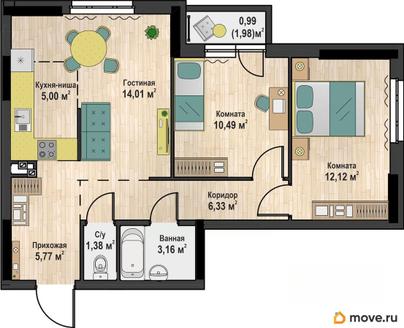 2-комн. квартира, 59.25 м&sup2;