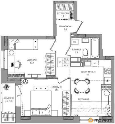 3-комн. квартира, 52.9 м&sup2;