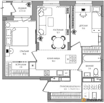 3-комн. квартира, 61.1 м&sup2;